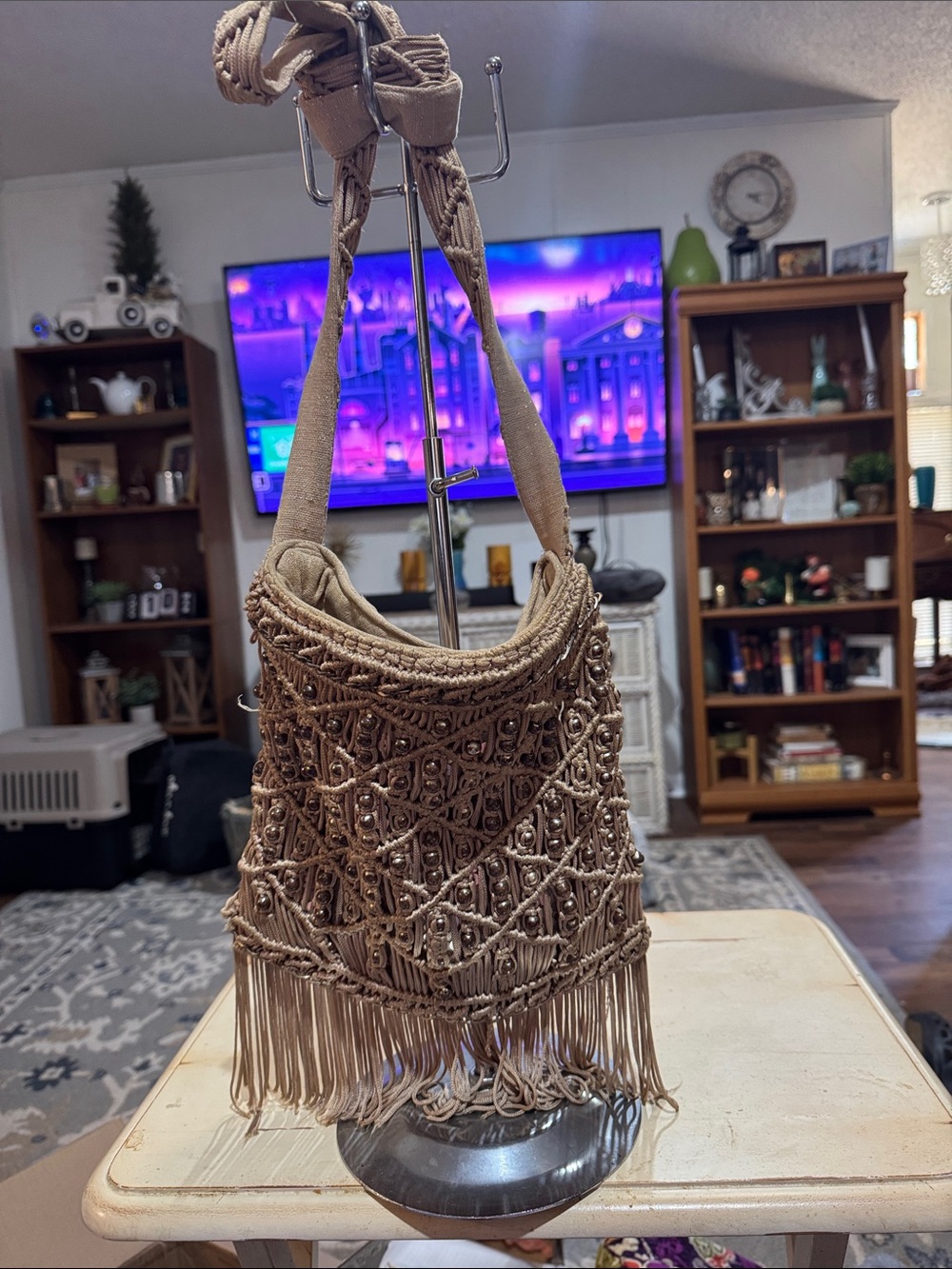 Chico's Macramé Fringe Shoulder Bag in Tan